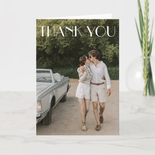 Modern White Overlay Art Deco Photo Wedding Folded Thank You Card (Front)
