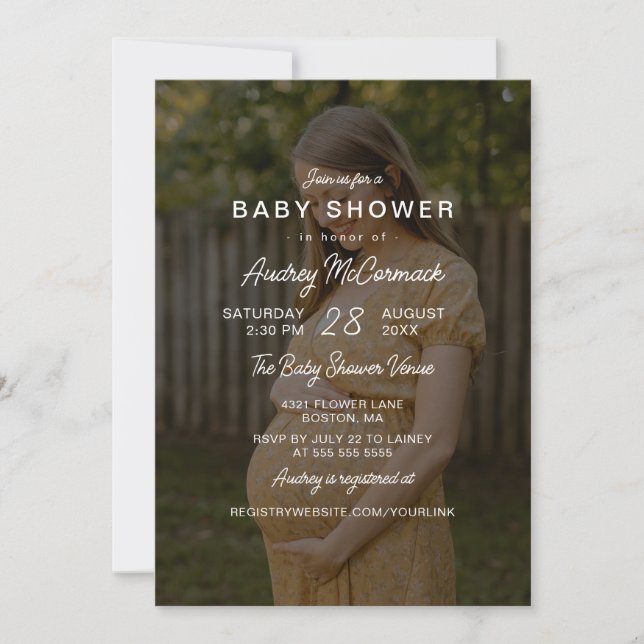 Modern White Overlay Pregnancy Photo Baby Shower Invitation (Front)
