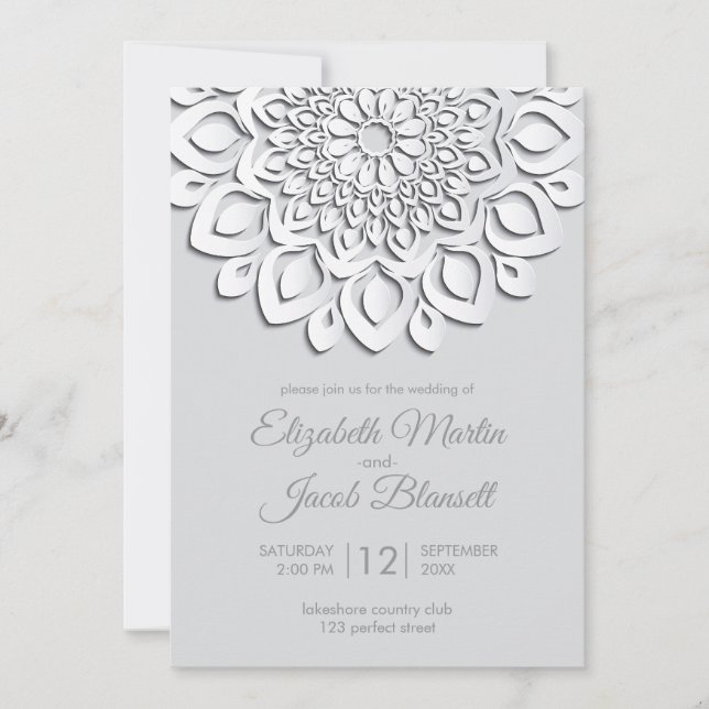 Modern White Paper cut Mandala Wedding Invitation (Front)