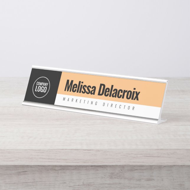 Modern White Peach Black Employee Company Logo Desk Name Plate (Front)