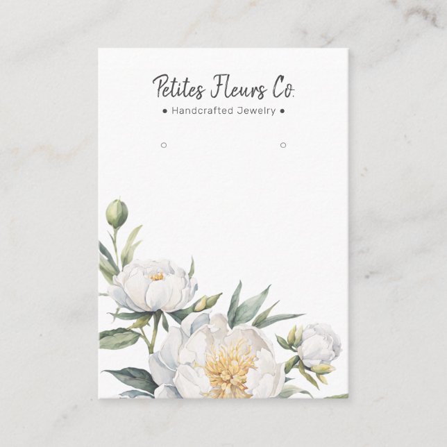 Modern White Peonies Floral Earring Display Card (Front)