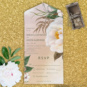 Modern White Peonies Floral on Brown Dinner All In One Invitation