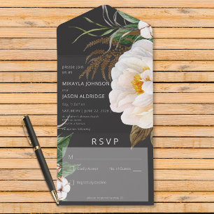 Modern White Peonies on Black No Dinner All In One Invitation