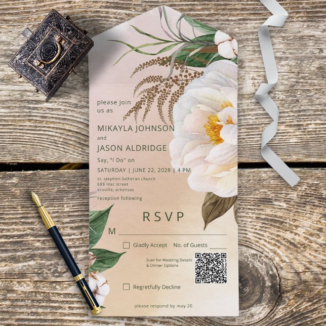 Modern White Peonies on Brown QR Code All In One Invitation (Creator Uploaded)