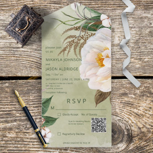 Modern White Peonies on Sage Green QR Code All In One Invitation