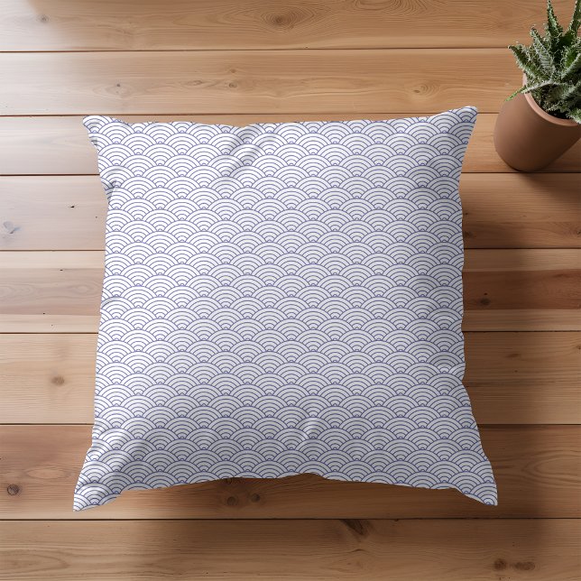 Modern White Periwinkle Japanese Wave Pattern Cushion (Creator Uploaded)