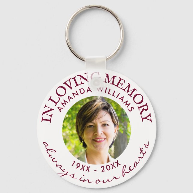 Modern White Photo Memorial in Loving Memory Red Key Ring (Front)