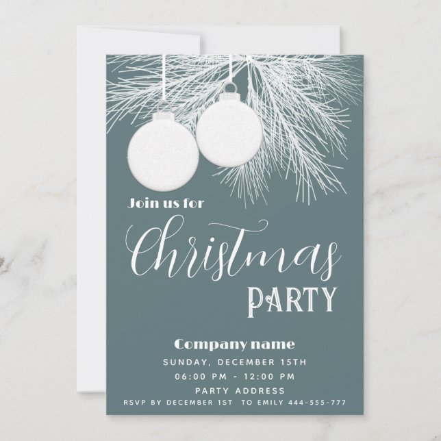 Modern white pine branch Christmas balls Invitation (Front)