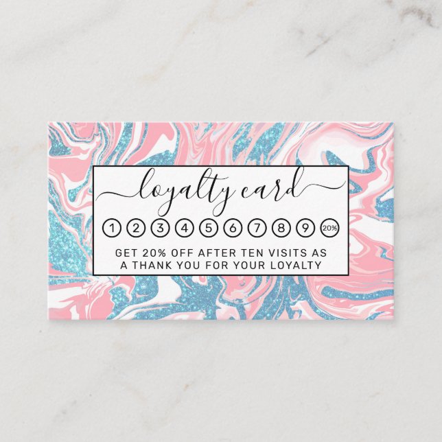 Modern White Pink Blue Glitter Marble Loyalty Card (Front)