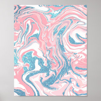 Modern White Pink Blue Glitter Marble Poster