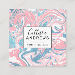 Modern White Pink Blue Glitter Marble Square Business Card