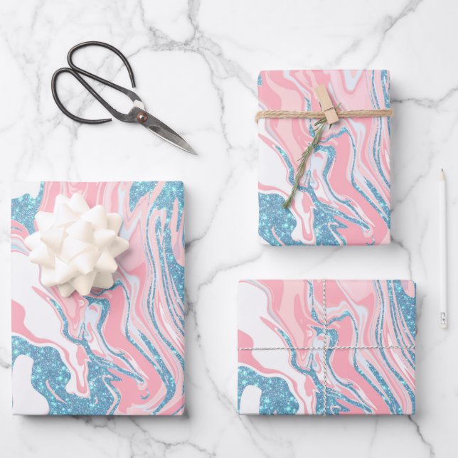 Modern White Pink Blue Glitter Marble Wrapping Paper Sheet (Front)