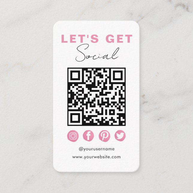 Modern White Pink Connect With Us QR Code Enclosure Card (Front)