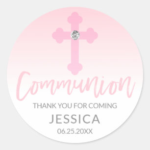 Modern White Pink Cross COMMUNION Girl Thank You Classic Round Sticker
