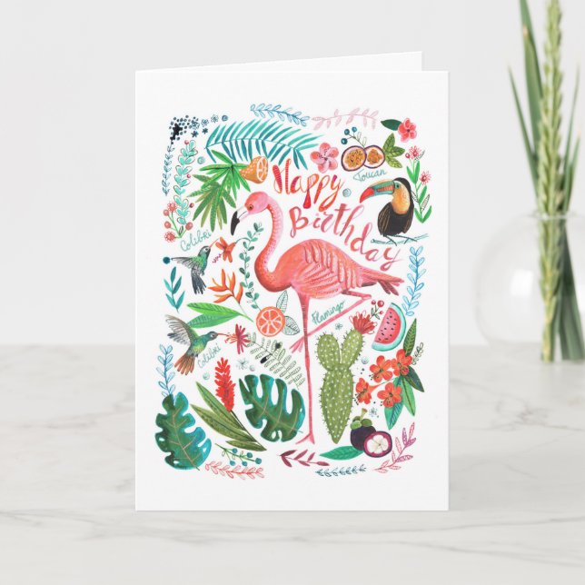 Modern White & Pink Flamingo painted Birthday Card (Front)