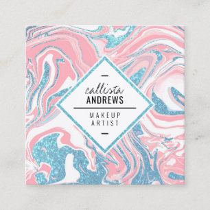 Modern White Pink Sky Blue Glitter Marble Makeup Square Business Card