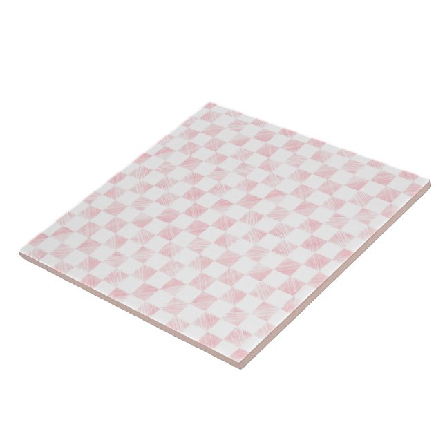 Modern White Pink Squares chequerboard  Tile (Side)