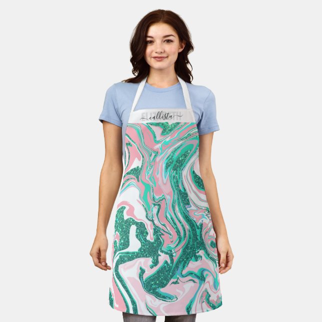 Modern White Pink Teal Green Glitter Marble Apron (Worn)