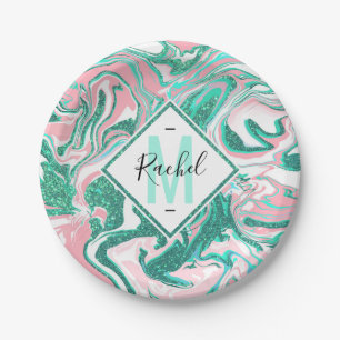 Modern White Pink Teal Green Glitter Marble Paper Plate