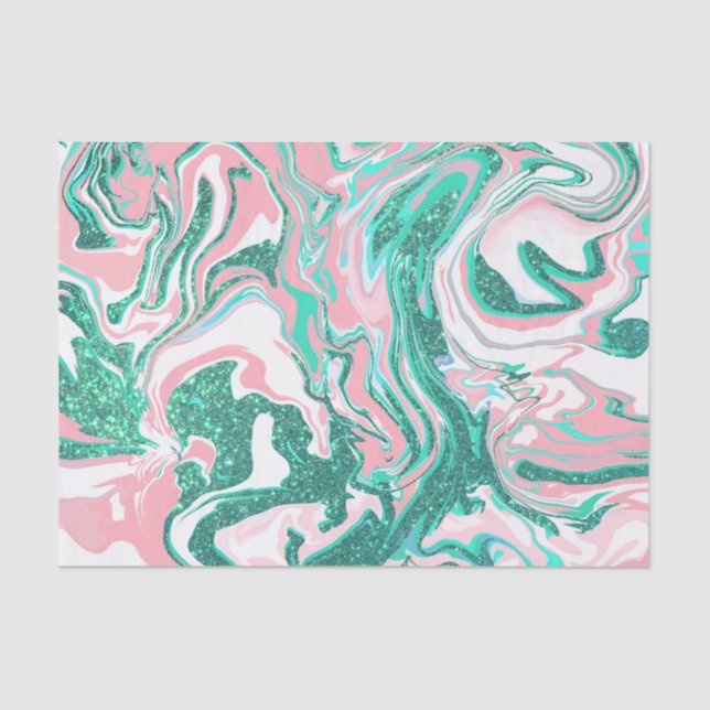 Modern White Pink Teal Green Glitter Marble Tissue Paper (Front)