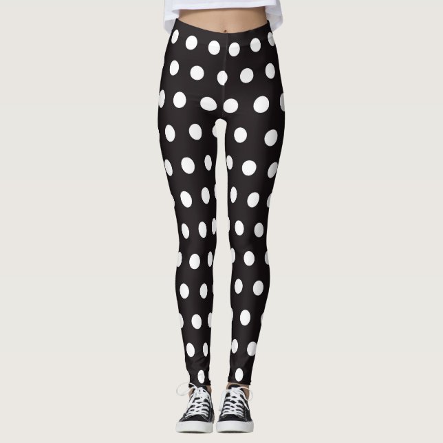 Modern white polka dots on black, spots pattern leggings (Front)