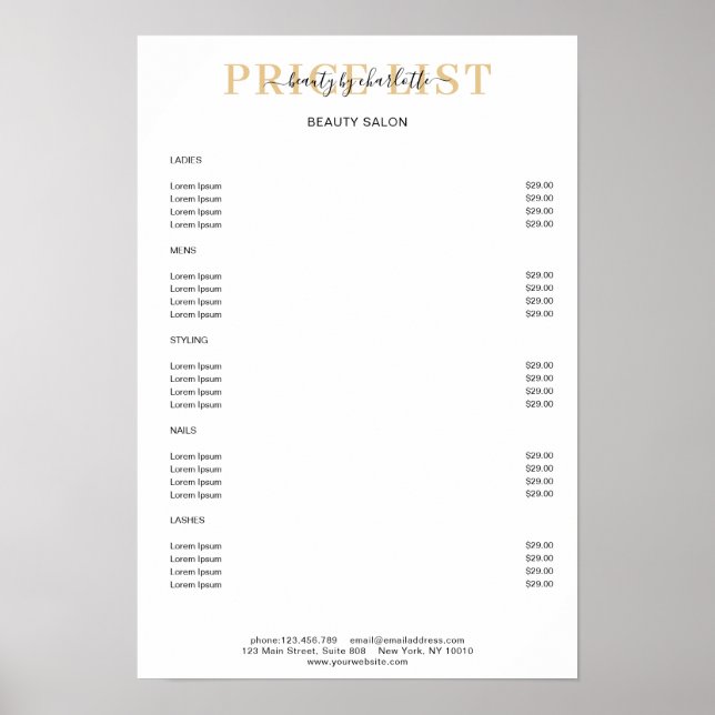 Modern White Price List Poster (Front)