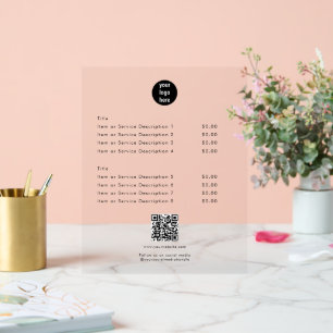 Modern White Price List QR Code Social Media Acrylic Sign
