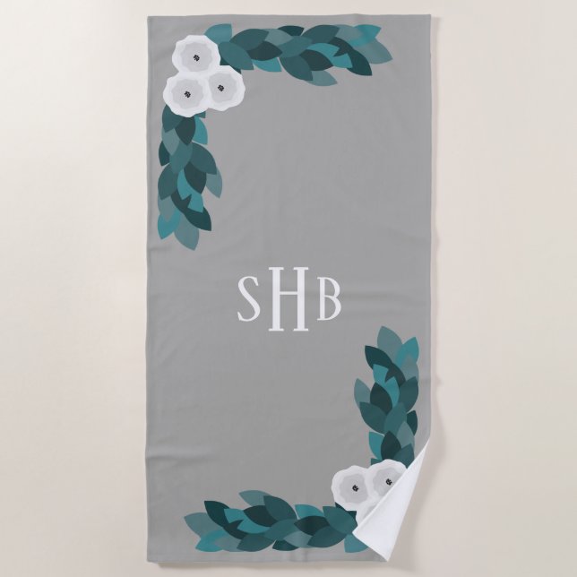 Modern White Ranunculus Flowers & Foliage Initials Beach Towel (Front)