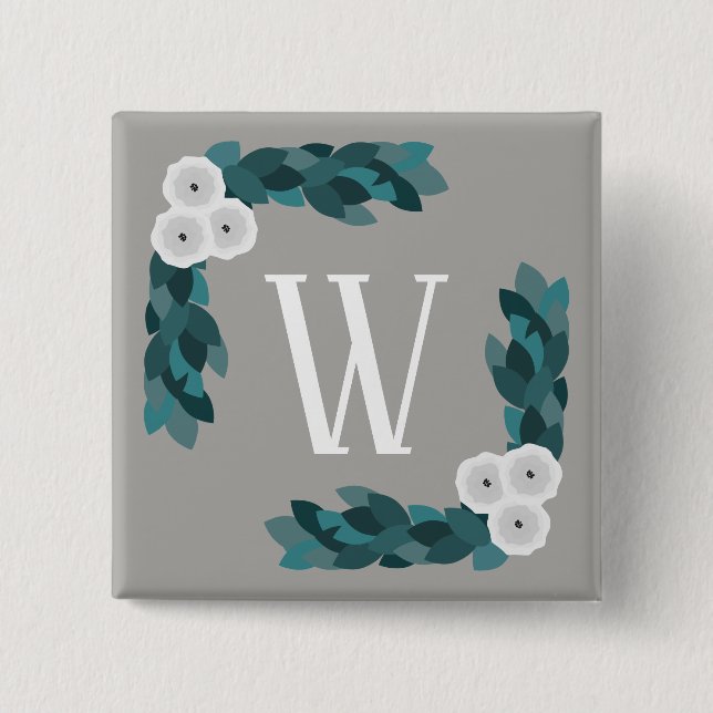 Modern White Ranunculus Flowers & Foliage Monogram 15 Cm Square Badge (Front)
