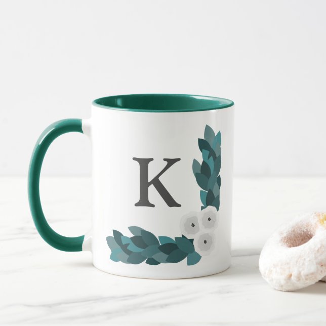 Modern White Ranunculus Flowers & Foliage Monogram Mug (With Donut)