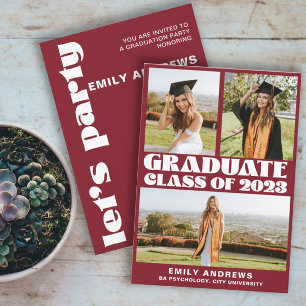 Modern White & Red 3 Photo Grad Party Invitation