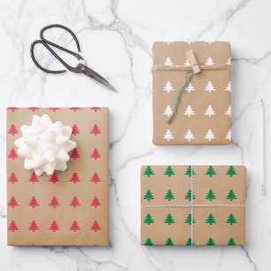 Modern White Red Green Christmas Trees on Kraft Wrapping Paper Sheet