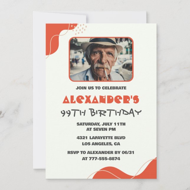 Modern White Red Men 99th birthday invitations   (Front)
