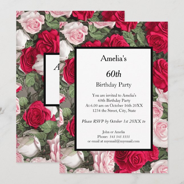 Modern white red roses Birthday Party   Invitation (Front/Back)