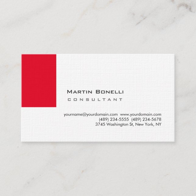 Modern White Red Simple Premium Linen Business Card (Front)