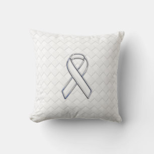 Modern White Ribbon Awareness on Checkers Print Cushion
