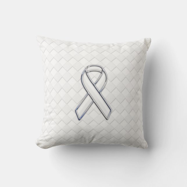 Modern White Ribbon Awareness on Checkers Print Cushion (Front)