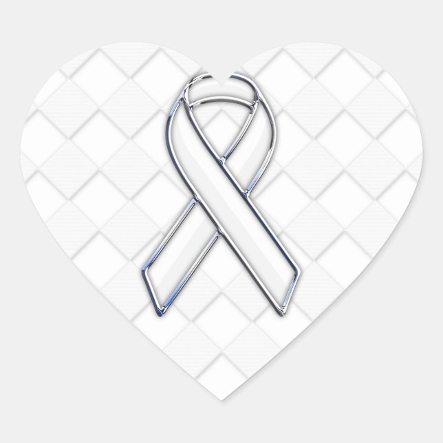 Modern White Ribbon Awareness on Checkers Print Heart Sticker (Front)
