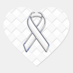 Modern White Ribbon Awareness on Checkers Print Heart Sticker