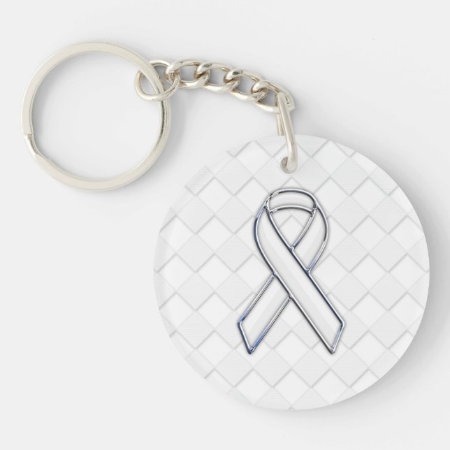 Modern White Ribbon Awareness on Checkers Print Key Ring (Front)