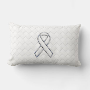 Modern White Ribbon Awareness on Checkers Print Lumbar Cushion