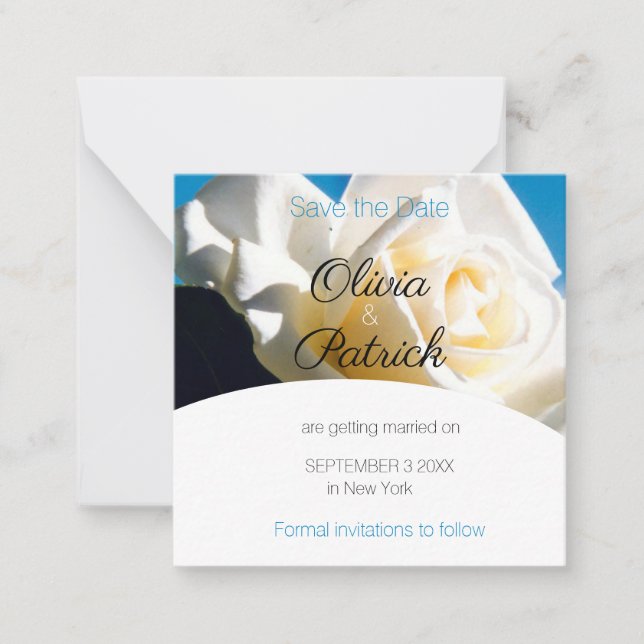 Modern White Rose Wedding Save the Date Card (Front)
