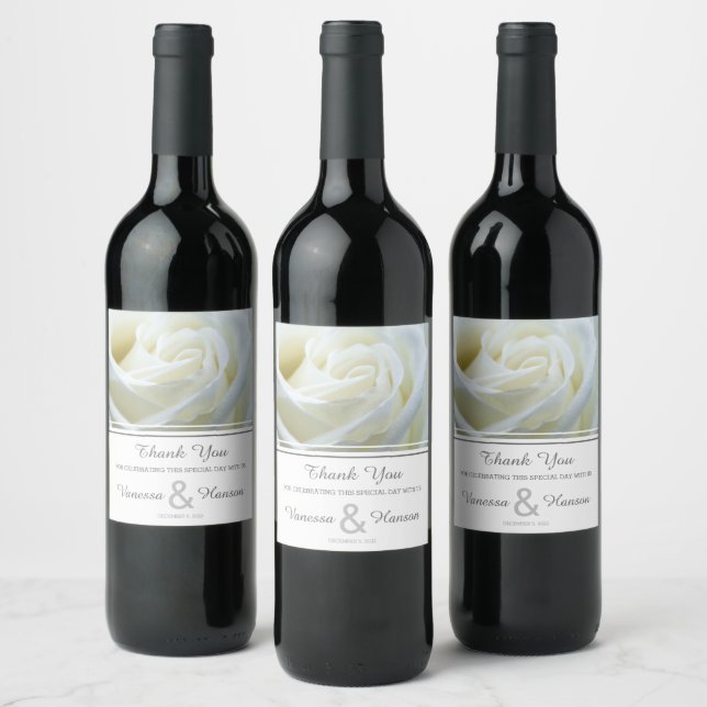 Modern White Rose Wedding  Wine Label (Bottles)