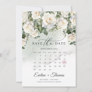 Modern white roses and greenery month calendar save the date