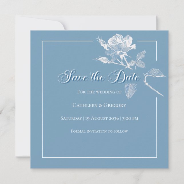 Modern White Roses Dusty Blue Floral Wedding  Save The Date (Front)