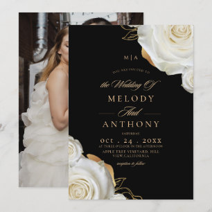 Modern White Roses Wedding Photo Invitation
