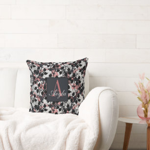 Modern White Roses with Pink Leaves Monogram Cushion