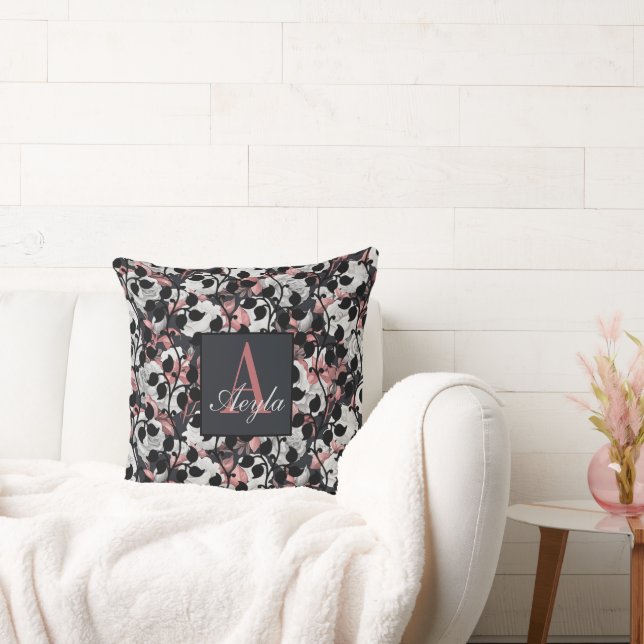 Modern White Roses with Pink Leaves Monogram Cushion (Couch)
