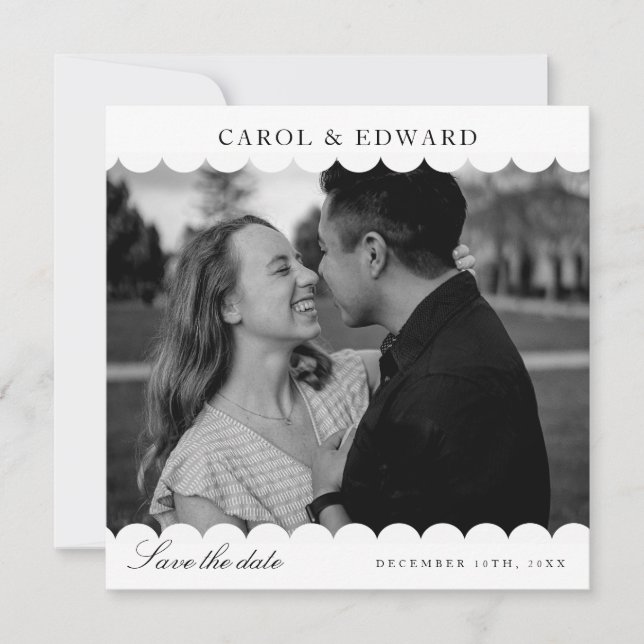 Modern White Scallop Photo Wedding Save The Date Invitation (Front)