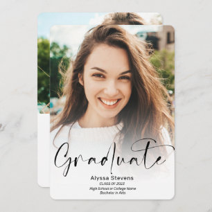 Modern white script 2 photos graduation announcement